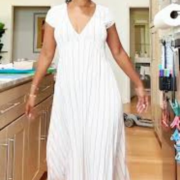 Forever 21 Striped Short Sleeve Maxi Dress White & Marigold – Women’s Sz M - Picture 2 of 7